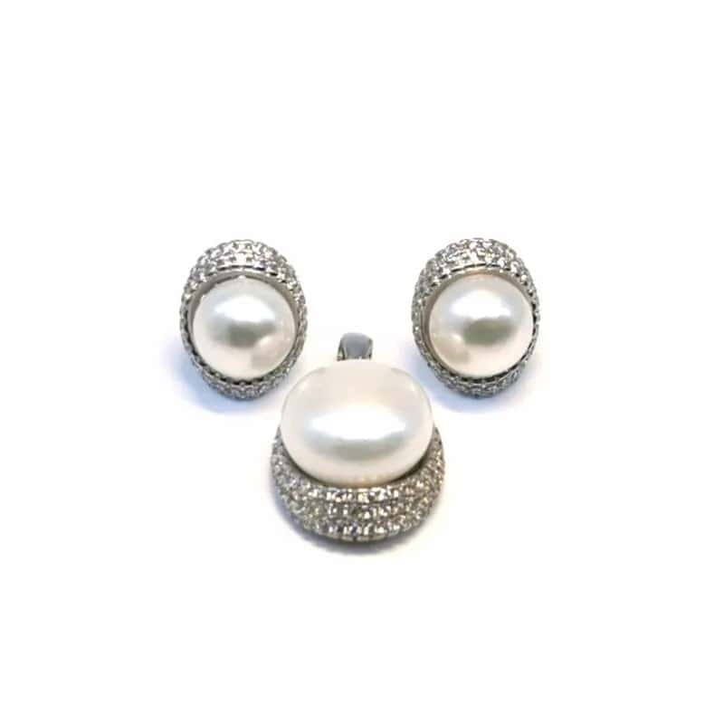 White stone oval beaded silver stud earrings with pendant